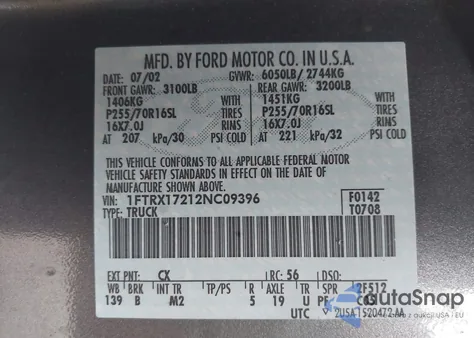 2002 Ford F-150 Xl/Xlt из США, поврежденный, VIN 1FTRX17212NC09396